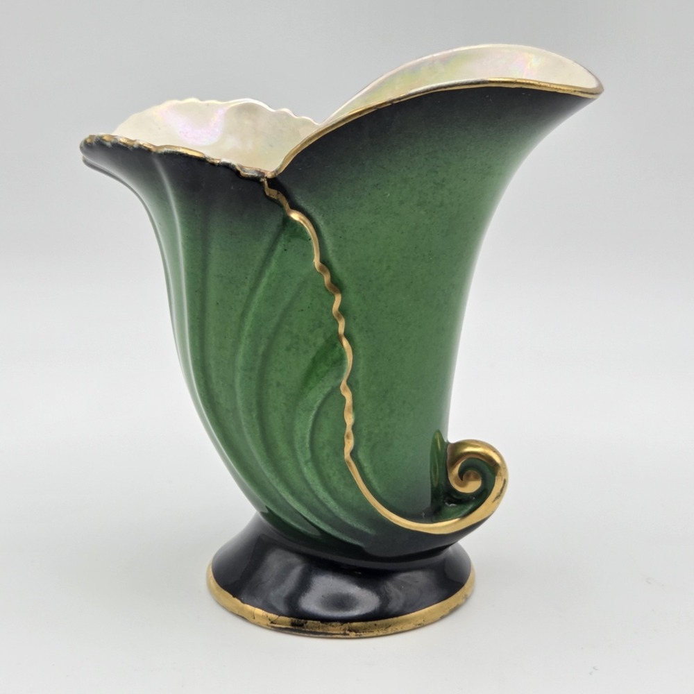 Vintage Carlton Ware Vert Royale Cornucopia Green Vase With Lusterware Interior